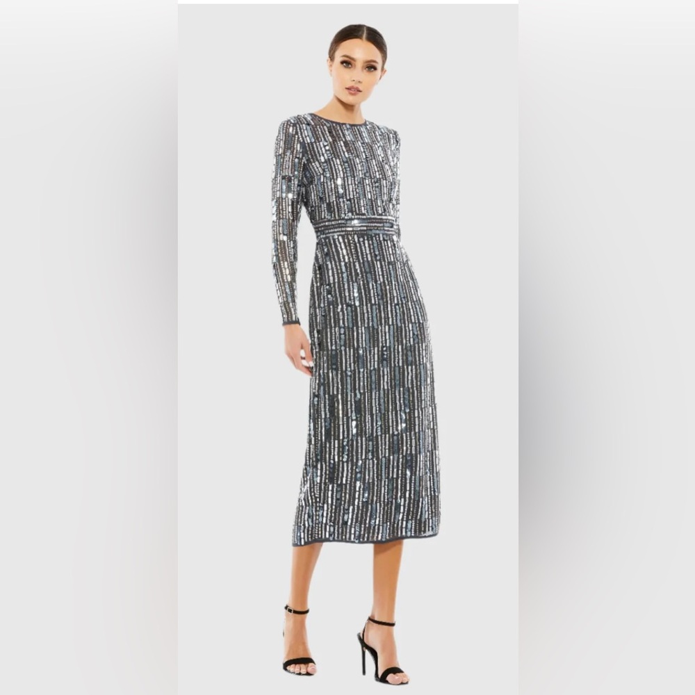 Mac Duggal Gray Embellished High Neck Long Sleeve Fitted Dress